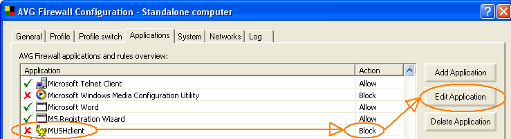 Firewall showing MUSHclient blocked
